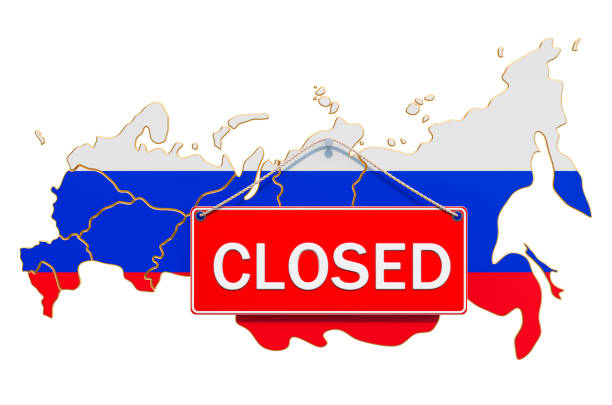 istock Russian map with closed hanging sign, quarantine concept. 3D rendering isolated on white background 1214114790