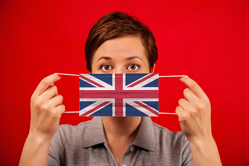 Coronavirus COVID-19 in the United Kingdom. Woman in medical protective mask with the image of the british flag. The concept of preventing the spread of the epidemic and treating coronavirus.