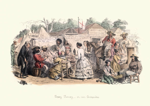 karykatura życia w xix-wiecznej australijskiej osadzie, wiktoriańska - kolonializm stock illustrations