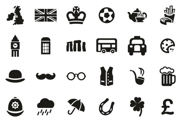 United Kingdom Country & Culture Icons Black & White Set Big This image is a vector illustration and can be scaled to any size without loss of resolution. megalith stock illustrations