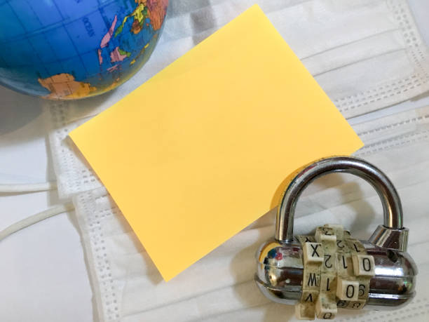 istock Earth global worldwide lockdown with text space on white globe combination padlock lock background 1214120666