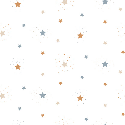 Star sky cute seamless vector pattern background blue and beige neutral shapes. Starry night baby repeat texture.