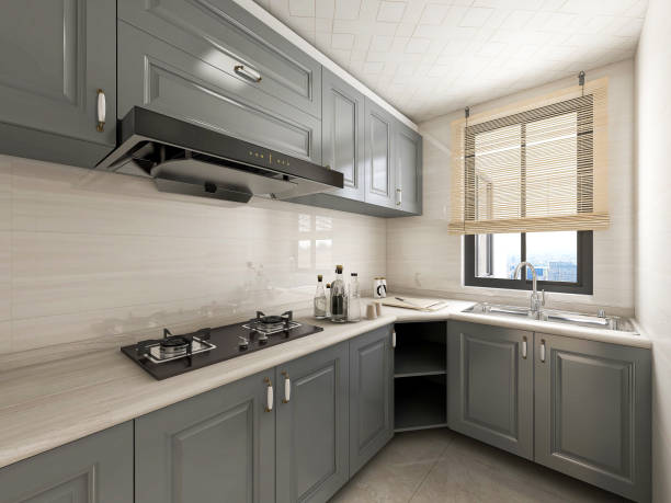 istock 3D rendering,Modern family kitchen design, new cabinets and kitchenware with refrigerators, sunlight from the window. 1214121325