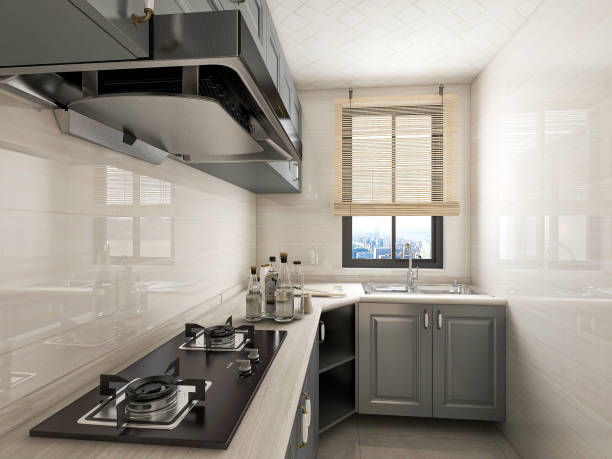 istock 3D rendering,Modern family kitchen design, new cabinets and kitchenware with refrigerators, sunlight from the window. 1214121329