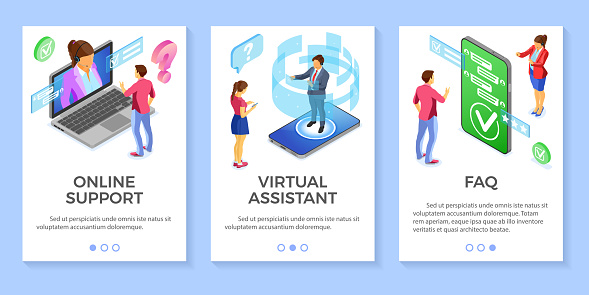 Online isometric customer support FAQ virtual assistant templates. Vertical banners call center smartphone laptop with woman man consultant headset rating chat icons. isolated vector illustration