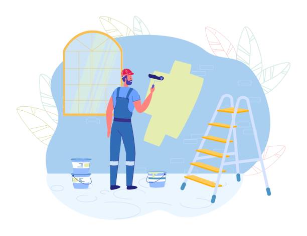 Painter or Decorator Man Character Painting Wall. Painter Man Cartoon Character Painting Wall. Housekeeping, Home Repair and Improvement. Professional Workers Help and Services in House Renovation, Fixing and Decor. Flat Vector Illustration. house painter ladder paint men stock illustrations