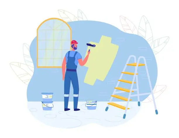 Vector illustration of Painter or Decorator Man Character Painting Wall.