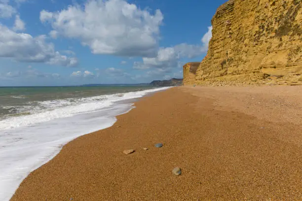 Beautiful Dorset golden sand beach Jurassic coast England UK between Freshwater and West Bay