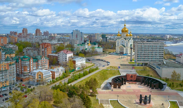 Spring day in Khabarovsk. Glory square. Transfiguration Cathedral. Far East, Russia.
