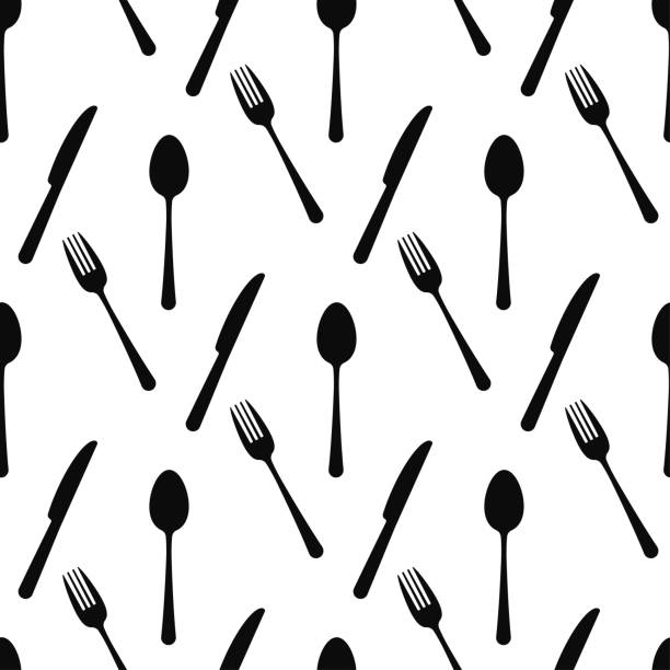 besteck schwarz silhouette vektor nahtlose muster. - eating utensil stock-grafiken, -clipart, -cartoons und -symbole