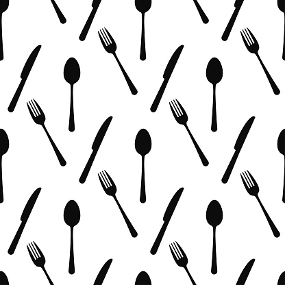 Cutlery black silhouette vector seamless pattern. Flat simple design. Top view tableware - spoon, fork, knife. Monochrome kitchenware endless texture illustration isolated on white background.