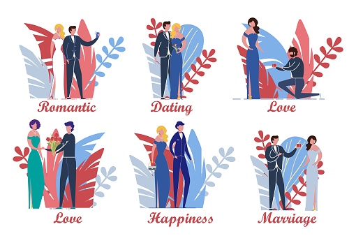 Loving Couples in Various Dating and Love Affairs Actions Set. Man and Woman Cartoon Characters on Tropical Leaves Decorative Background. Romantic Relationships Stages. Flat Vector Illustration.