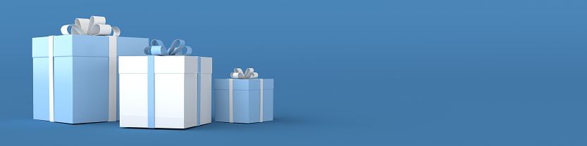 3d rendering of realistic blue and white gift box with ribbon bow on blue studio background. Empty space for party, promotion social media banners, posters. Horizontal banner