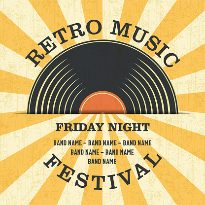 Retro Music Festival and Vintage Vinyl Record Poster in Retro Design Style.