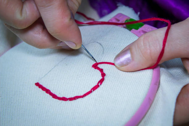 istock Woman embroiders a red heart 1214130312