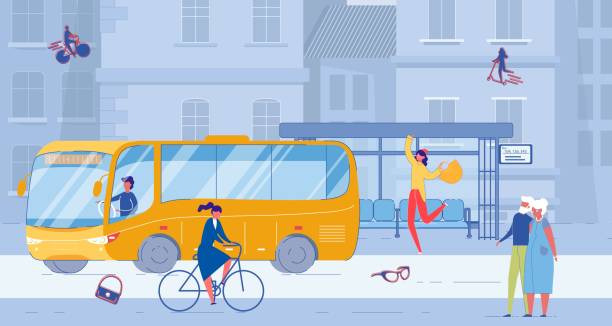 ilustrações, clipart, desenhos animados e ícones de situação da vida no ponto de ônibus público na city street - senior adult couple mature adult bicycle