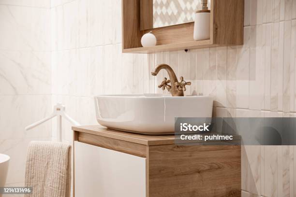 Cozy Interior Of The Bathroom With A Beautiful Sink Stock Photo - Download Image Now