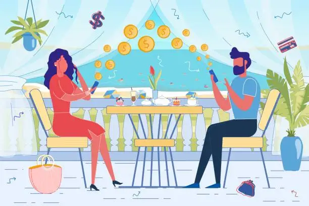 Vector illustration of People Paying for Food in Restaurant by Smartphone