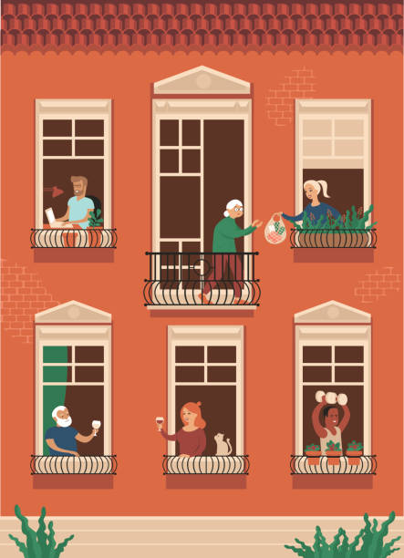 일하는 하우스메이트, 와인 마시고, 스포츠 운동을 하는 것은 자립 하는 동안 노인들을 지원합니다. - lifestyles residential structure community house stock illustrations