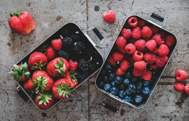 istock Fresh seasonal berries in metal lunchboxes over grey background 1214136122