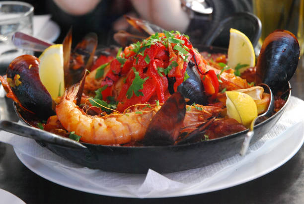 Seafood paella in Spanish restaurant.