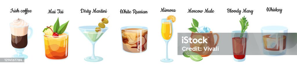 Ensemble de boissons alcoolisées. Martini sale, whisky, mimosa. Café irlandais, mary sanglante et mai tai. - clipart vectoriel de Mimosa - Cocktail libre de droits