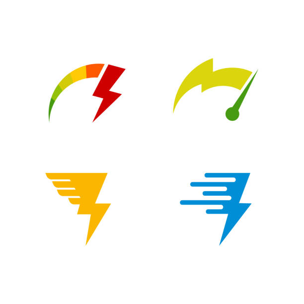 illustrazioni stock, clip art, cartoni animati e icone di tendenza di set di modelli di logo fast charging con simbolo thunder - power car immagine