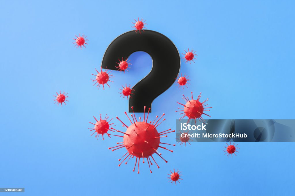 Question Mark Symbol Surrounded by Red Viruses on Blue Background Question mark symbol surrounded by red viruses on blue background, Horizontal composition with copy space. Health and COVID-19 concept. Question Mark Stock Photo