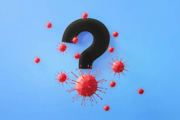 Photo of Question Mark Symbol Surrounded by Red Viruses on Blue Background