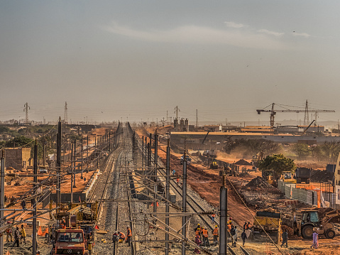 Dakar, Senegal - Feb 02, 2019: Construction of new railway tracks between the city of Dakar and the airport.