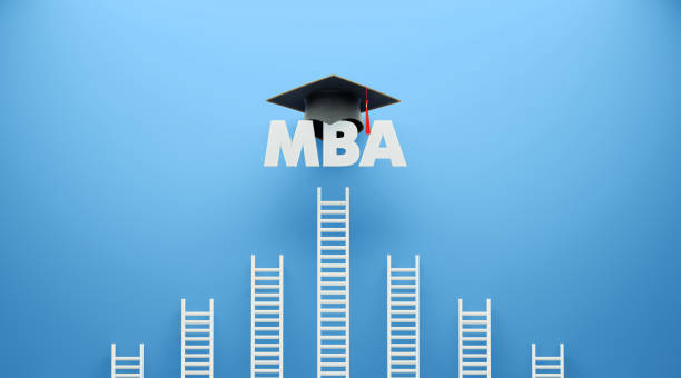 White Ladder and MBA Text with A Graduation Cap Leaning on Blue Wall White ladder and MBA text with a tassel leaning on blue wall. Horizontal composition with copy space. MBA concept. masters degree photos stock pictures, royalty-free photos & images