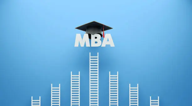 White ladder and MBA text with a tassel leaning on blue wall. Horizontal composition with copy space. MBA concept.