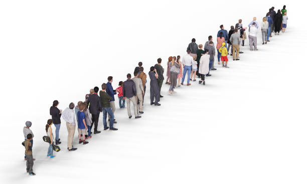 Crowd or queue sidelong view. Illustration on white background, 3d rendering isolated.