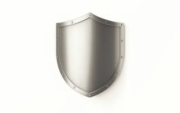 Silver shield on white background, Horizontal composition with clipping path and copy space.