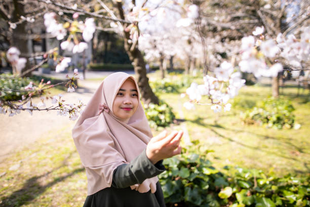istock Young Muslim woman looking at cherry blossom 1214145453