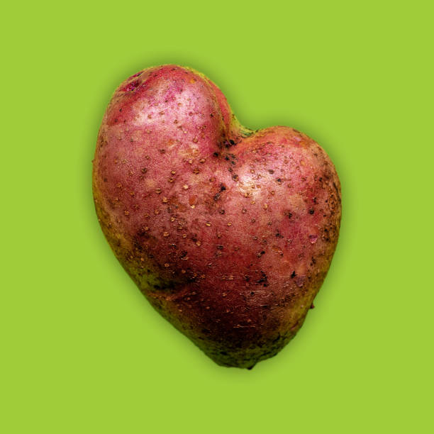 ziemniak w kształcie serca z czerwoną skórką na zielonym tle - heart shape raw potato food individuality zdjęcia i obrazy z banku zdjęć