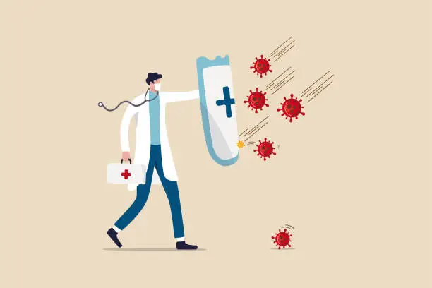 Vector illustration of Fight and protect COVID-19 Coronavirus outbreak concept, Doctor wearing sanitary mask with stethoscope holding protective shield with red cross symbol to protect from COVID-19 coronavirus pathogens.