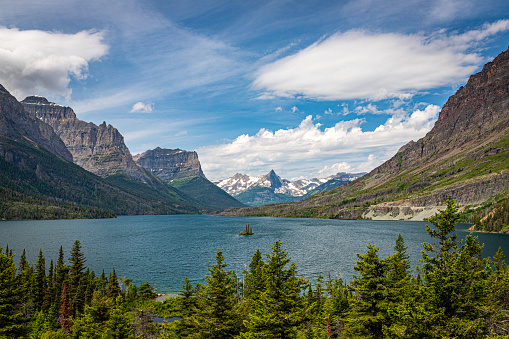 Going-to-the-Sun Road along the north shoreline of St. Mary Lake at Glacier National Park, Montana.