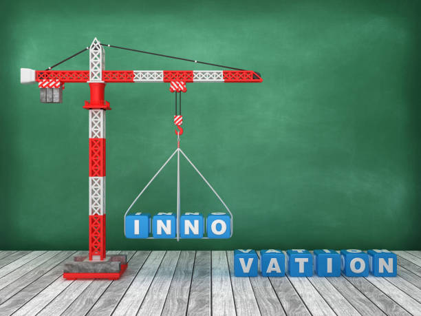 istock Tower Crane with INNOVATION Word on Chalkboard Background - 3D Rendering 1214151506