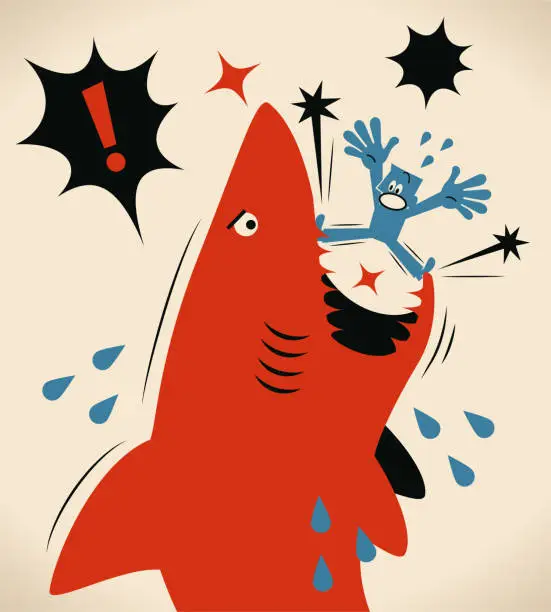 Vector illustration of Blue man is getting attacked by a shark