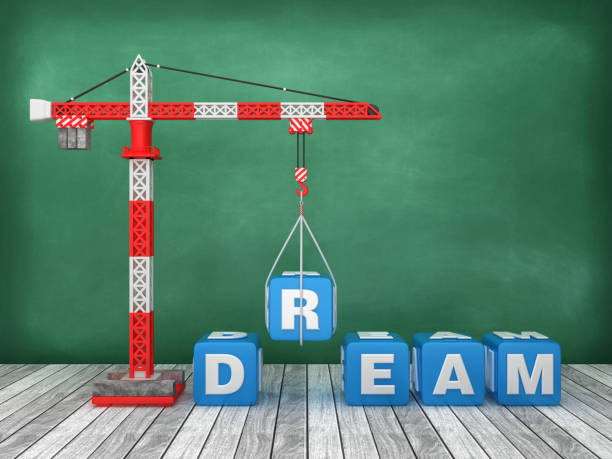 istock Tower Crane with DREAM Word on Chalkboard Background - 3D Rendering 1214152564