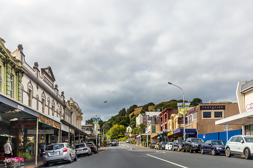 Auckland, New Zealand - January 09, 2020: Street and buildings near waterfront of Devonport in Auckland, New Zealand.