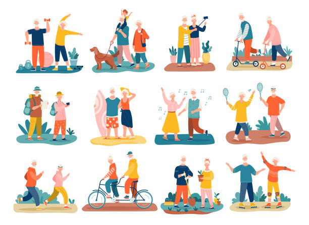 Active seniors concept with colorful icons Active seniors concept with colorful icons of elderly people and couples exercising, jogging, hiking, cycling, walking the dog, dancing and playing tennis, vector illustrations person hiking stock illustrations