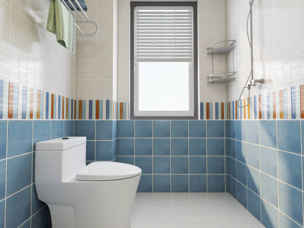 istock 3D rendering, modern residential clean bathroom design, with washbasins, mirrors, toilets, shower equipment and bathtubs 1214157806