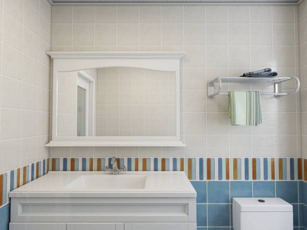 istock 3D rendering, modern residential clean bathroom design, with washbasins, mirrors, toilets, shower equipment and bathtubs 1214157815