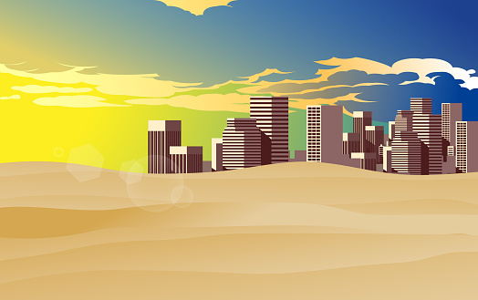 landscape of the city in the desert in sunset