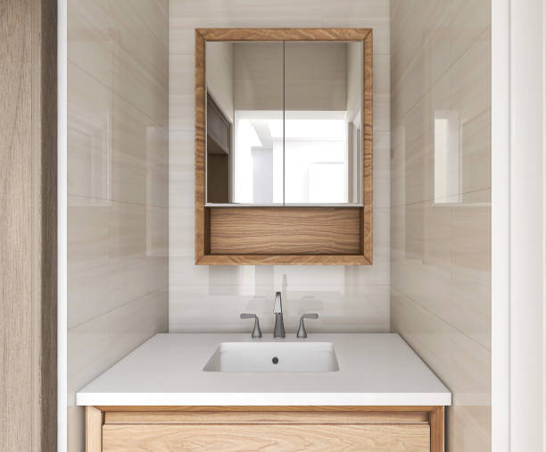 istock 3D rendering,Clean modern residential bathroom and toilet design, which is equipped with washstand, toilet and shower equipment, etc. 1214162161