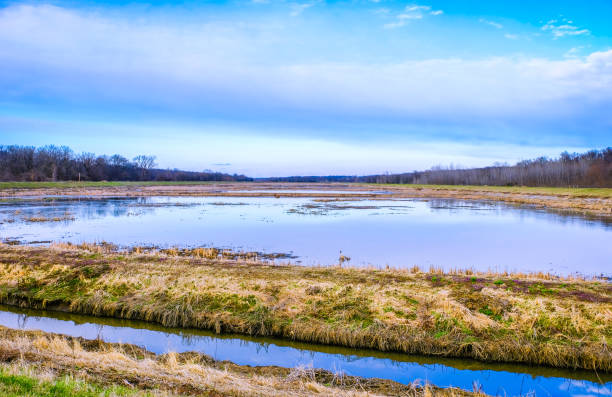 water treatment system in midwest early in spring - sewage pond imagens e fotografias de stock
