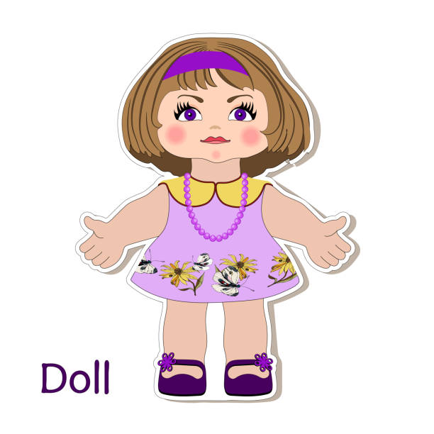 Vector Sticker Cartoon Little Cute Doll Girls Child In A Summer Dress With  Butterflies For Preschool And Primary School Children Greeting Card Print  Decoration Card Text Doll Scrapbook Stock Illustration - Download