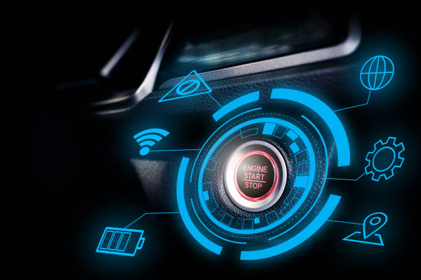 istock Engine start stop buttom of futuristic autonomous car 1214165125